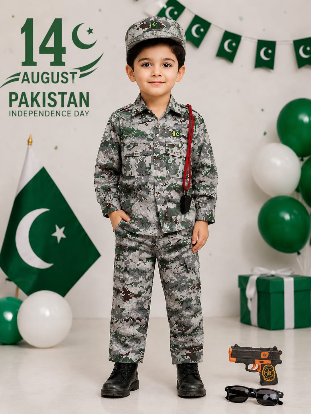 Commando Dress | Cotton Shirt Trouser Set with Cap, Whistle, Pakistan Badge, Gun & Glasses