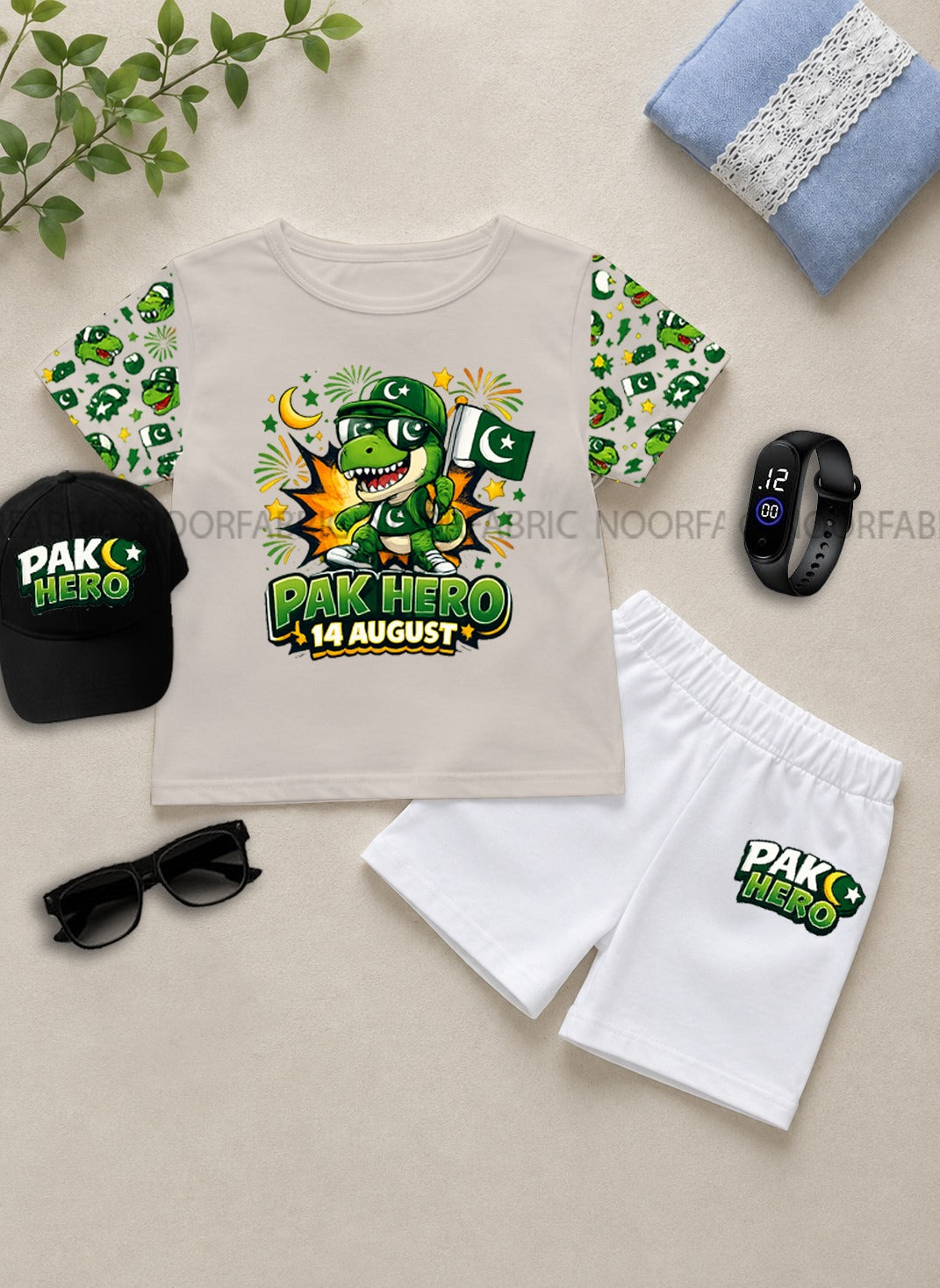 14 August Kids Gift Pack of 5 | DTF Printed T-Shirt, Shorts, Cap, Watch & Glasses