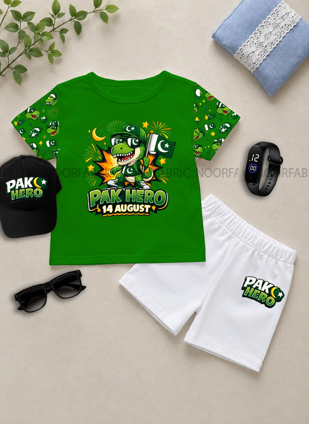 14 August Kids Gift Pack of 5 | DTF Printed T-Shirt, Shorts, Cap, Watch & Glasses