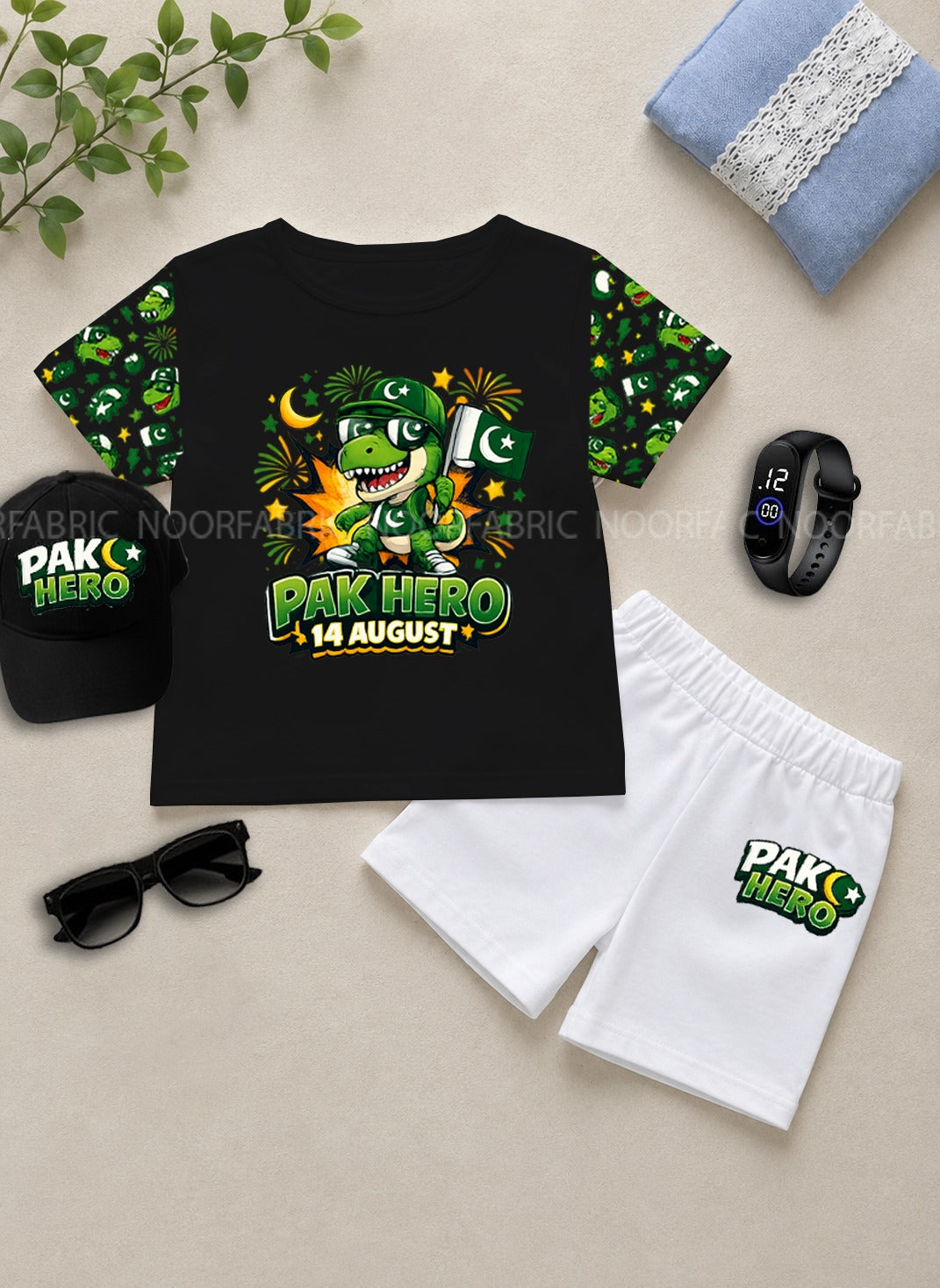 14 August Kids Gift Pack of 5 | DTF Printed T-Shirt, Shorts, Cap, Watch & Glasses