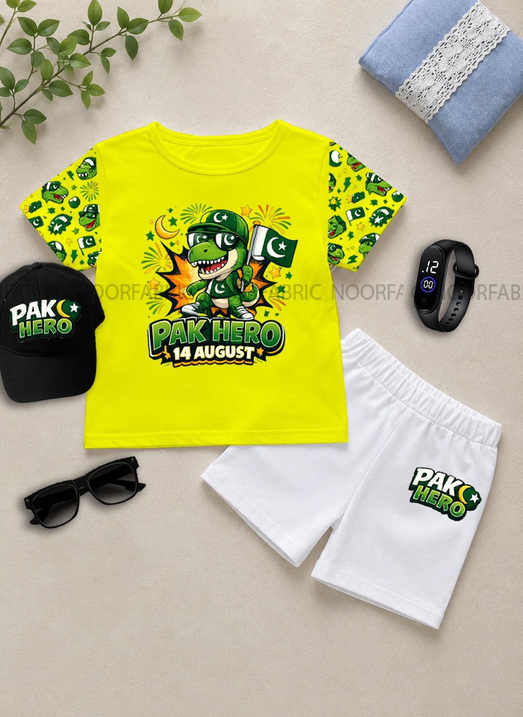 14 August Kids Gift Pack of 5 | DTF Printed T-Shirt, Shorts, Cap, Watch & Glasses