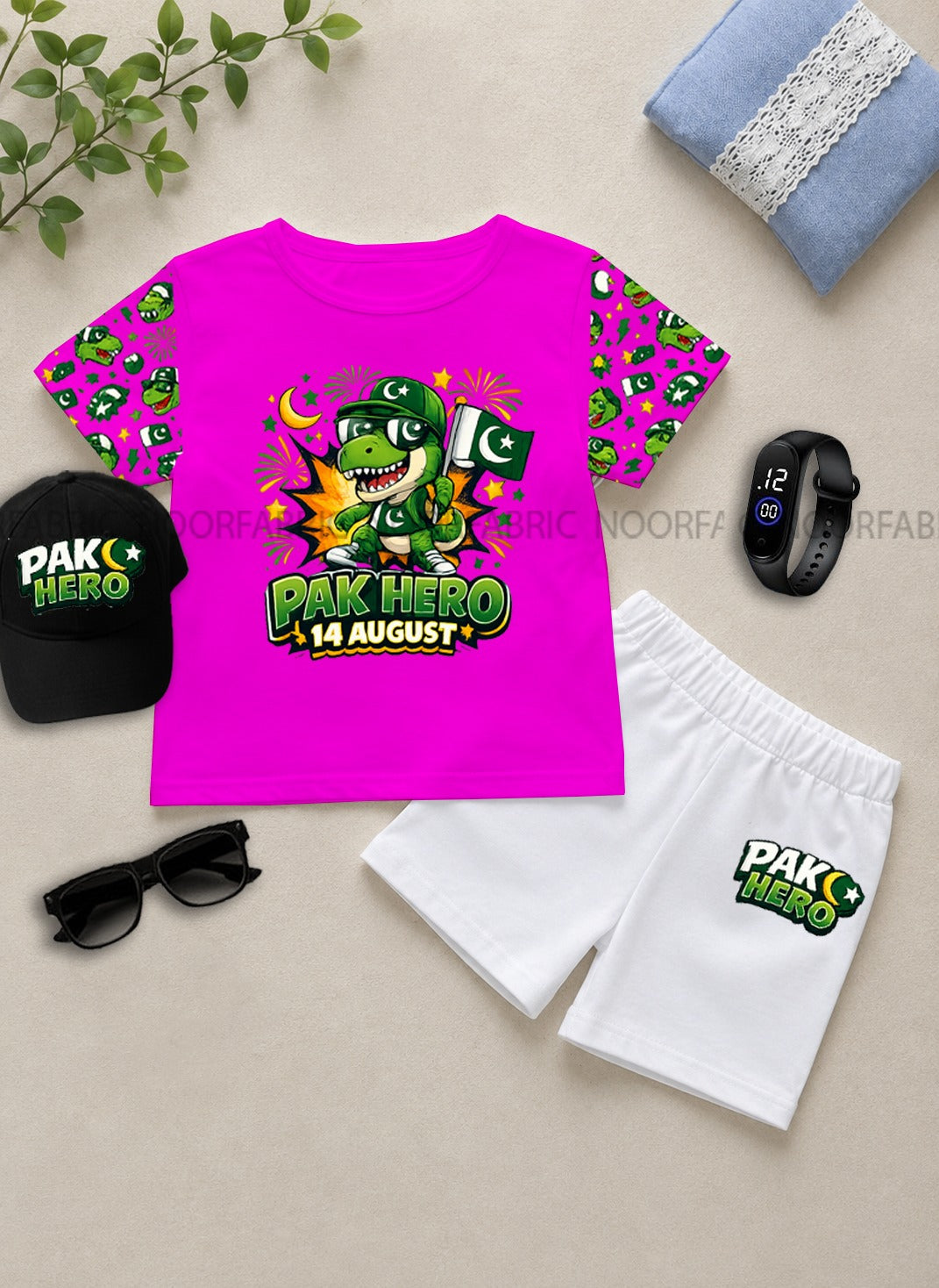14 August Kids Gift Pack of 5 | DTF Printed T-Shirt, Shorts, Cap, Watch & Glasses