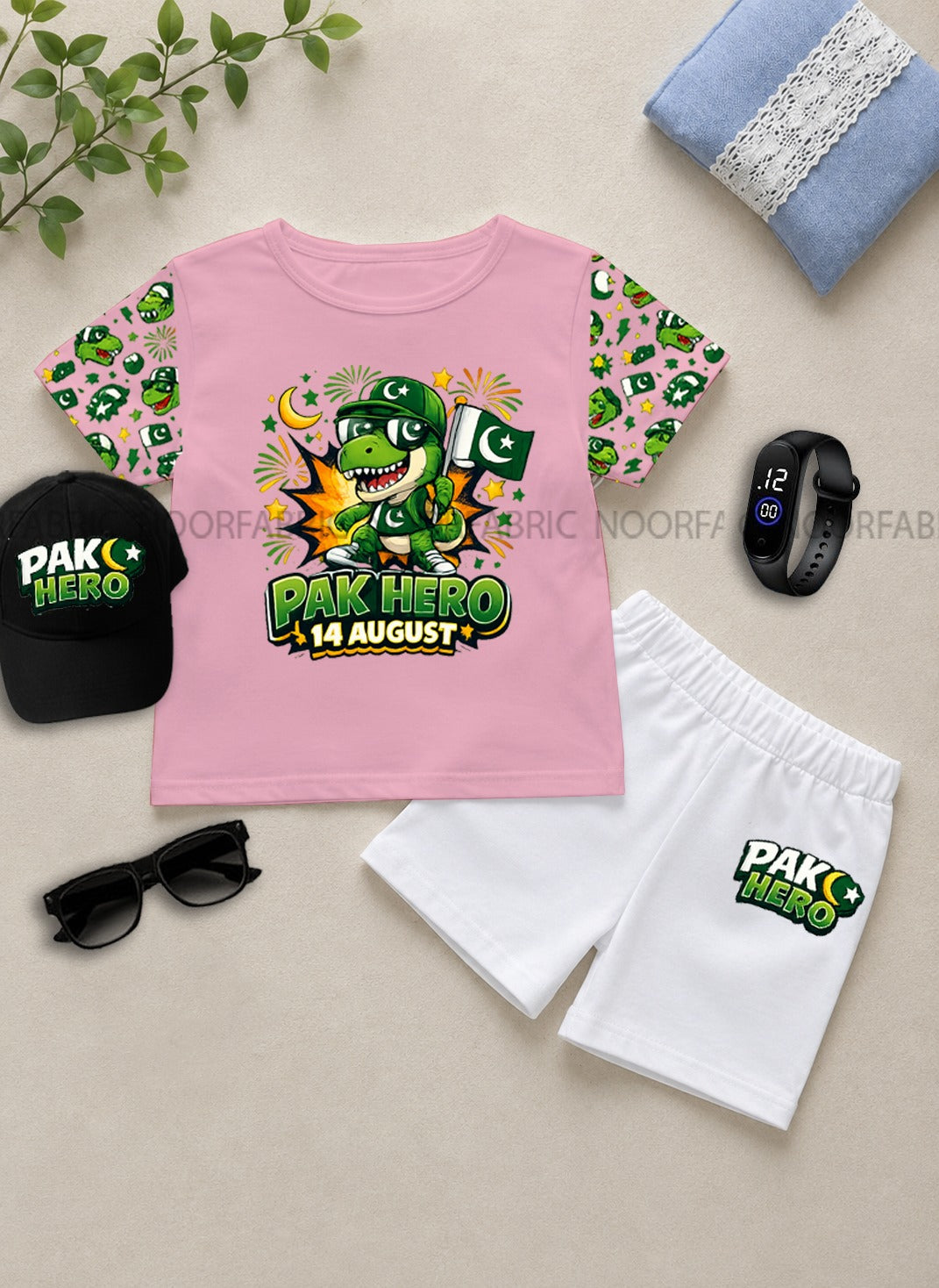 14 August Kids Gift Pack of 5 | DTF Printed T-Shirt, Shorts, Cap, Watch & Glasses