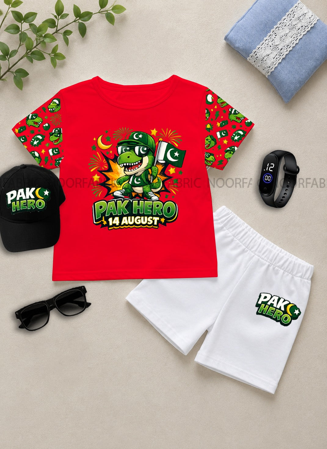 14 August Kids Gift Pack of 5 | DTF Printed T-Shirt, Shorts, Cap, Watch & Glasses