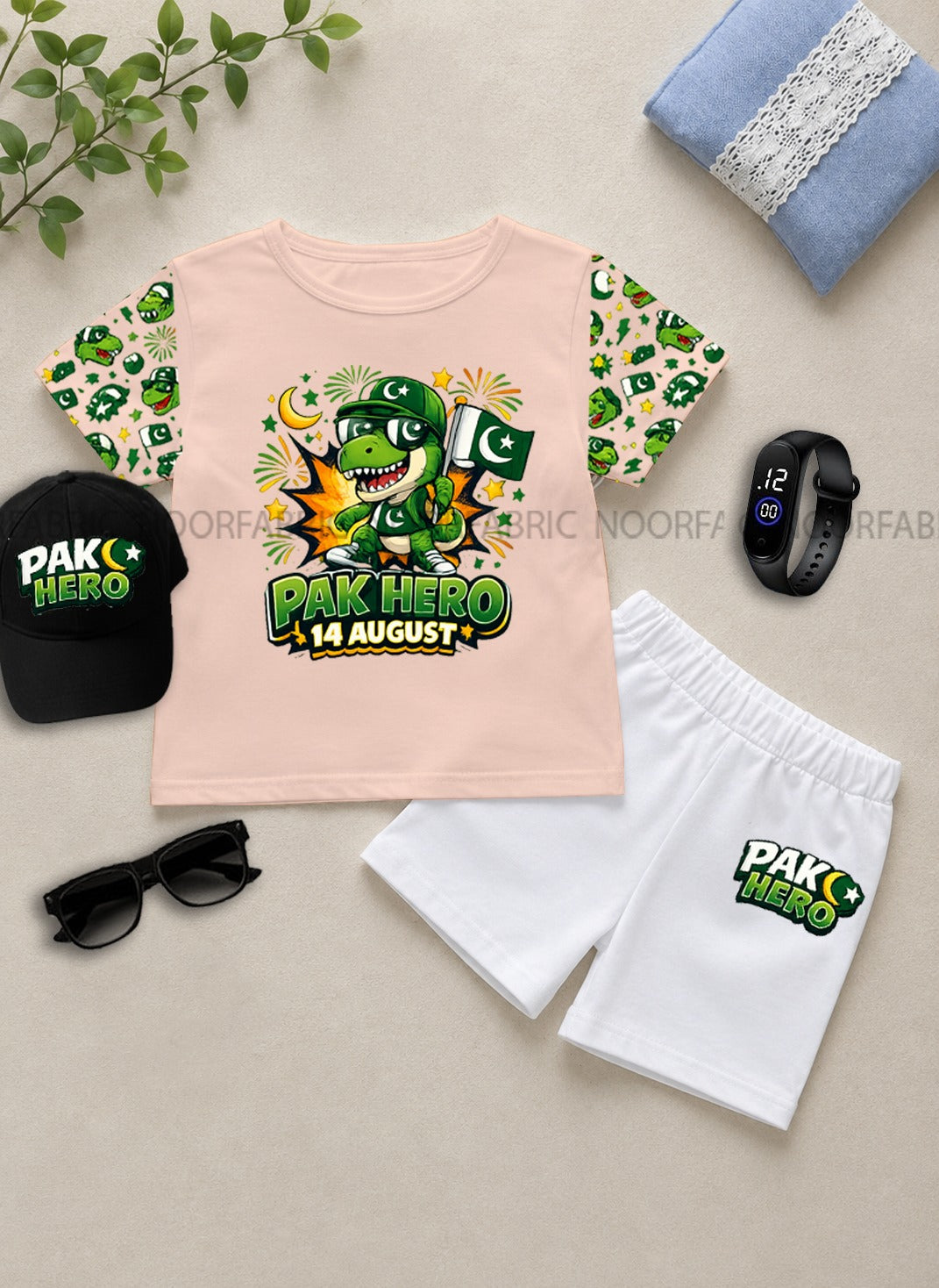 14 August Kids Gift Pack of 5 | DTF Printed T-Shirt, Shorts, Cap, Watch & Glasses