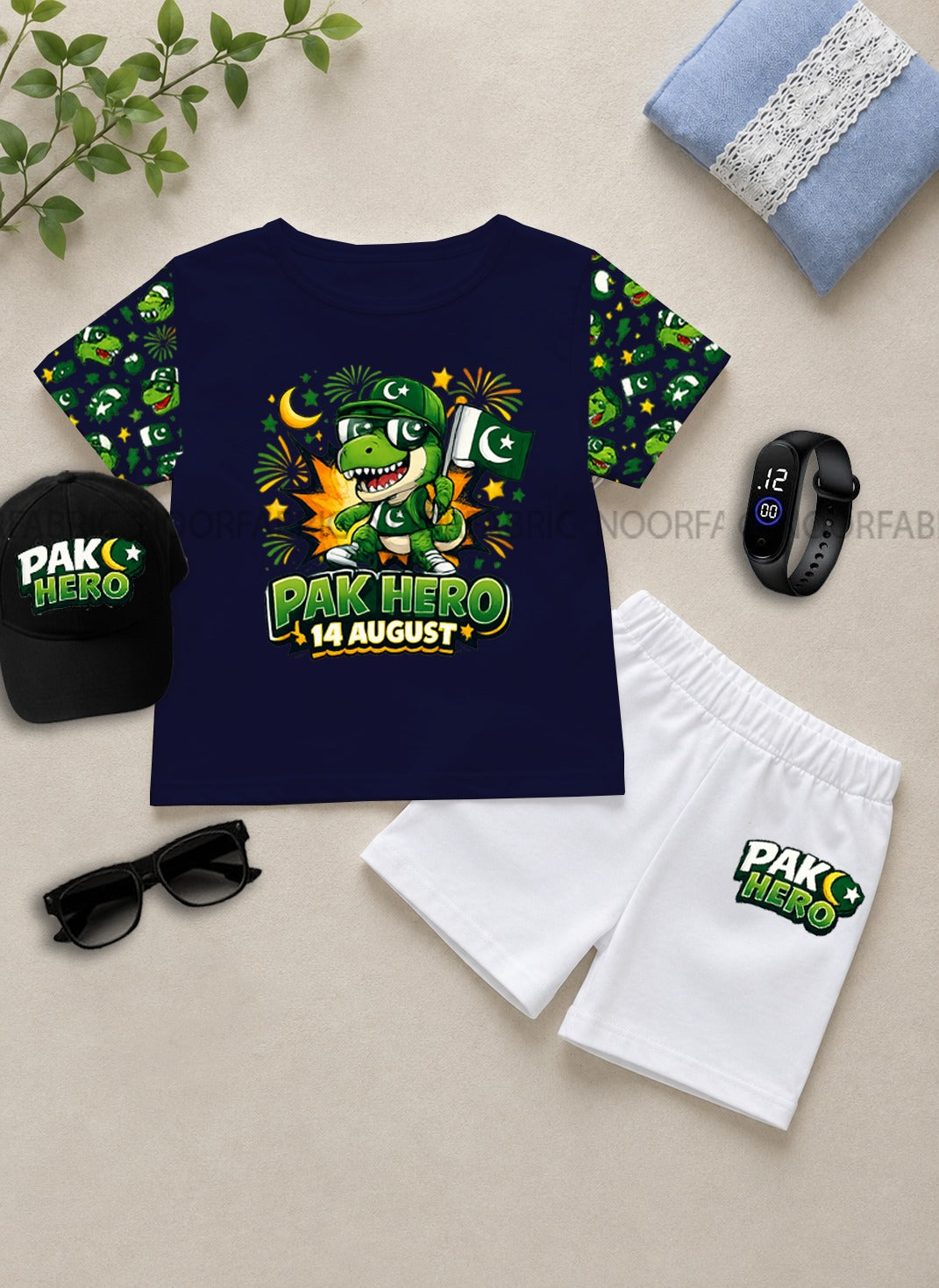 14 August Kids Gift Pack of 5 | DTF Printed T-Shirt, Shorts, Cap, Watch & Glasses