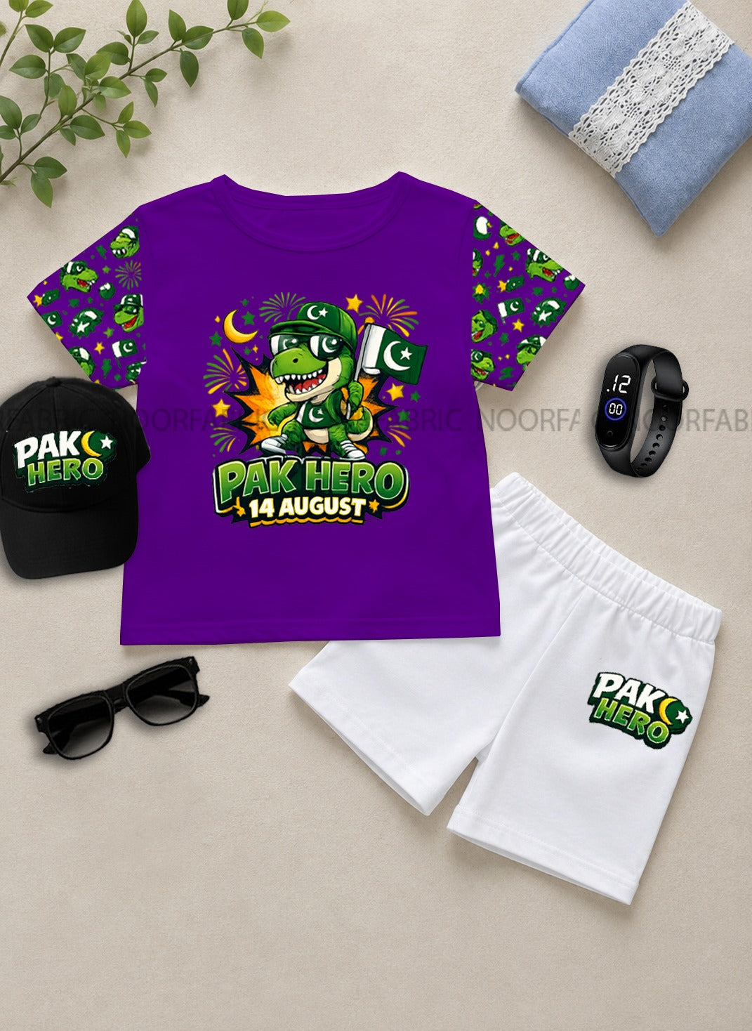 14 August Kids Gift Pack of 5 | DTF Printed T-Shirt, Shorts, Cap, Watch & Glasses