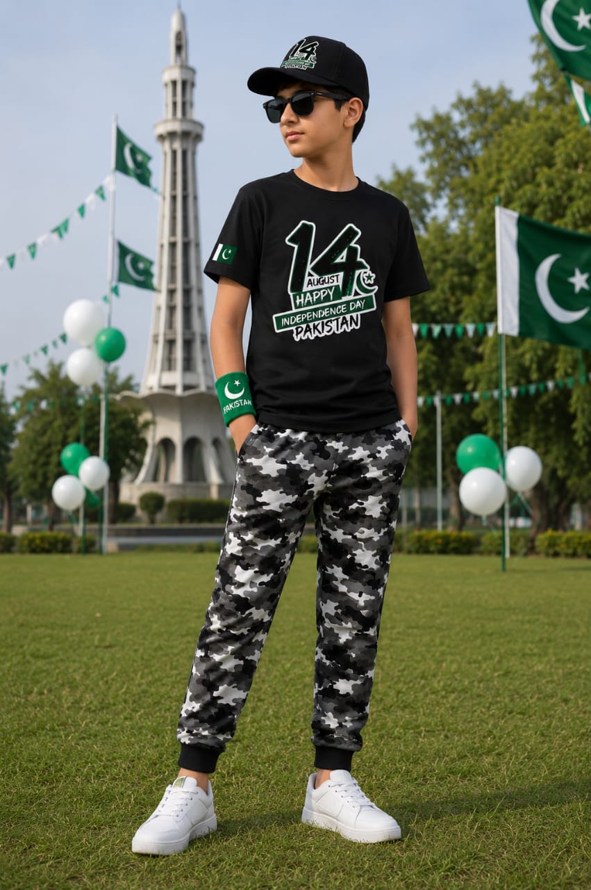 14 August Kids Gift Pack of 5 | DTF Printed T-Shirt, Trouser, Cap & Glasses Set