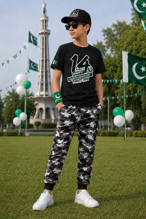 14 August Kids Gift Pack of 5 | DTF Printed T-Shirt, Trouser, Cap & Glasses Set