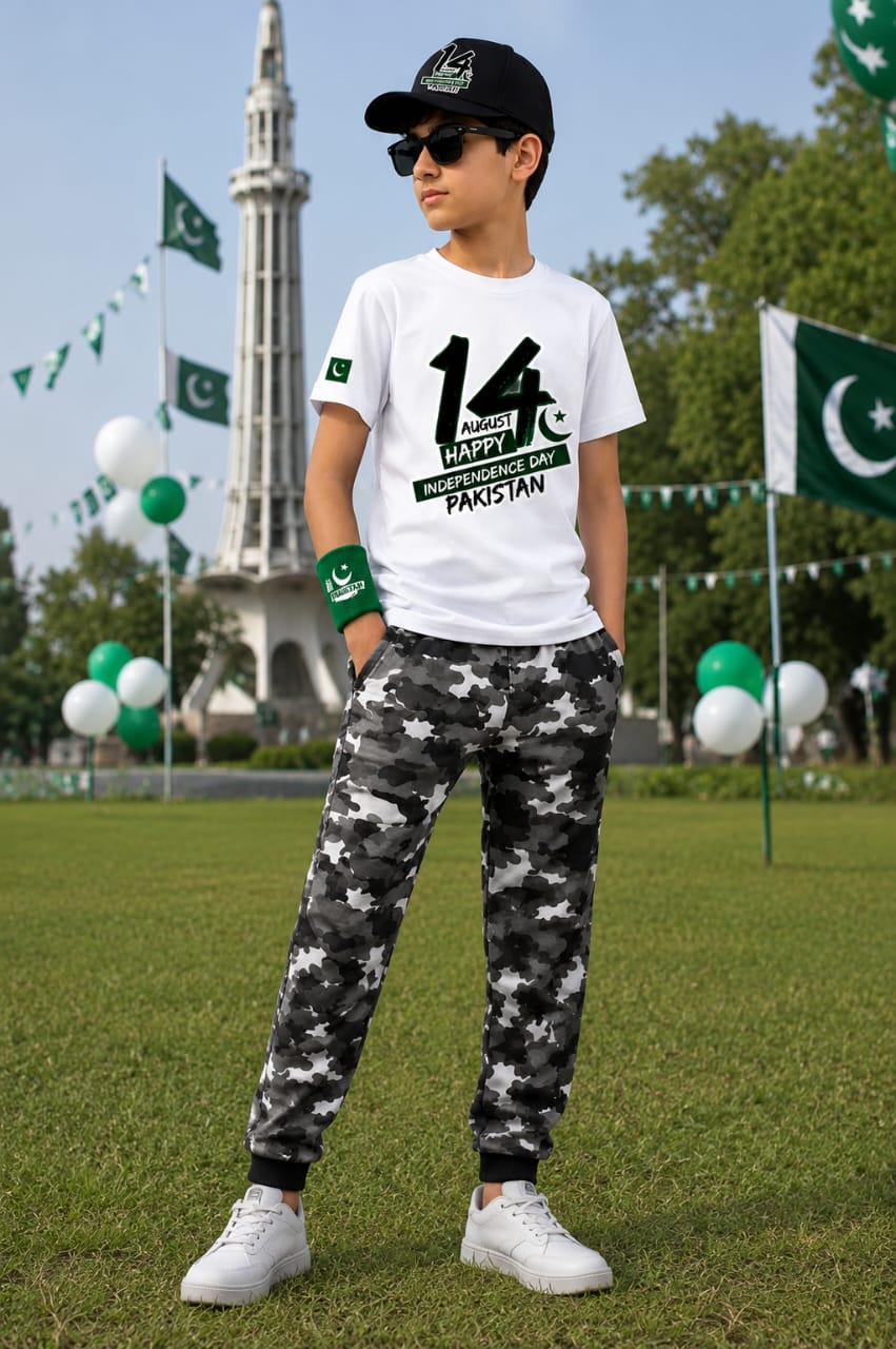14 August Kids Gift Pack of 5 | DTF Printed T-Shirt, Trouser, Cap & Glasses Set