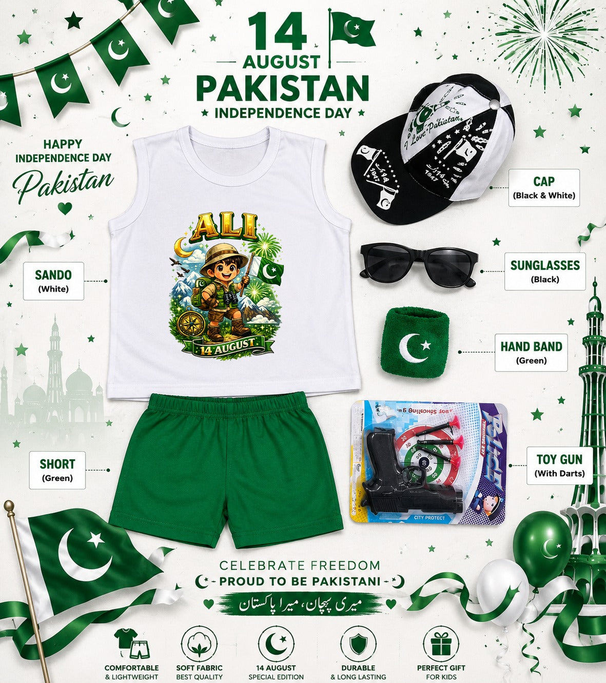 14 August Special Kids Pakistan Independence Day Sando & Shorts Set with Cap, Sunglasses & Target Game | 5-Piece Complete Celebration Pack