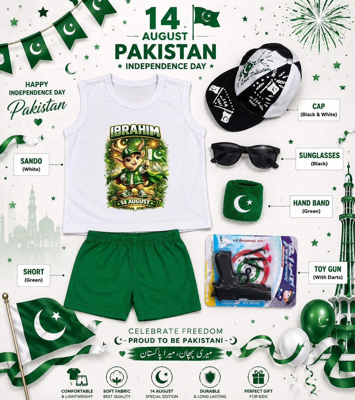 14 August Special Kids Pakistan Independence Day Sando & Shorts Set with Cap, Sunglasses & Target Game | 5-Piece Complete Celebration Pack