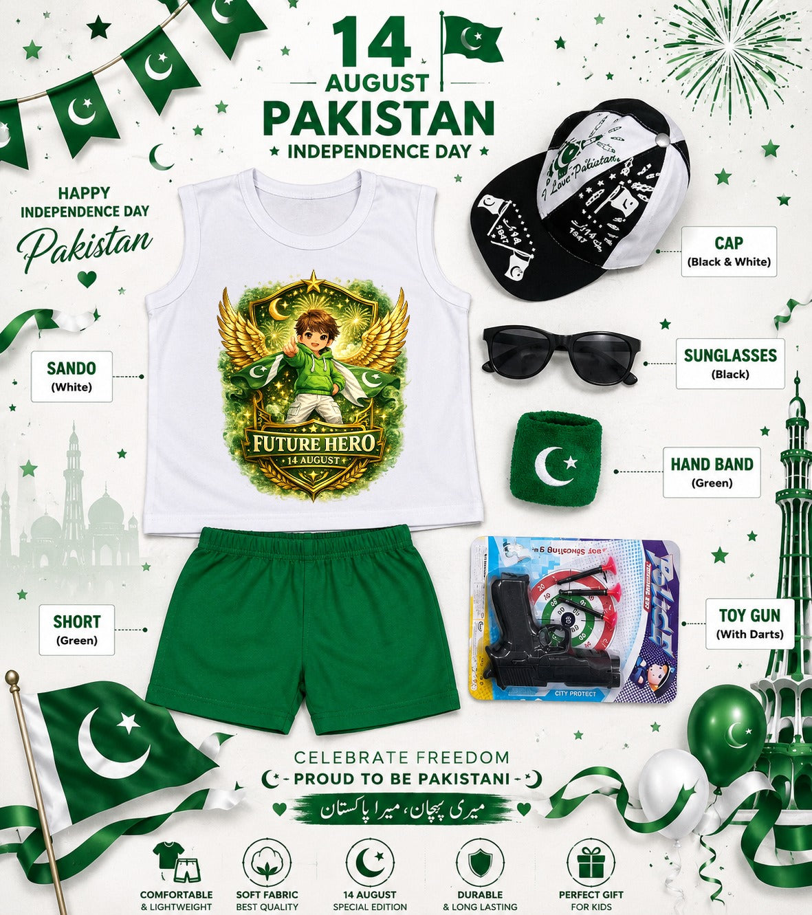 14 August Special Kids Pakistan Independence Day Sando & Shorts Set with Cap, Sunglasses & Target Game | 5-Piece Complete Celebration Pack
