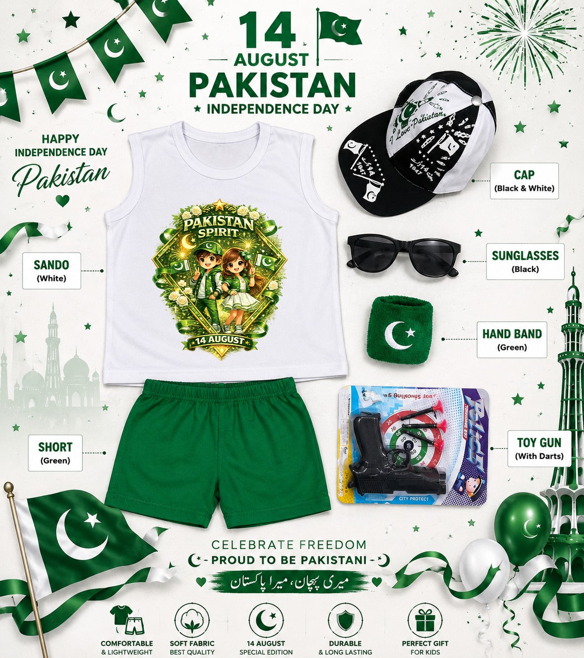14 August Special Kids Pakistan Independence Day Sando & Shorts Set with Cap, Sunglasses & Target Game | 5-Piece Complete Celebration Pack