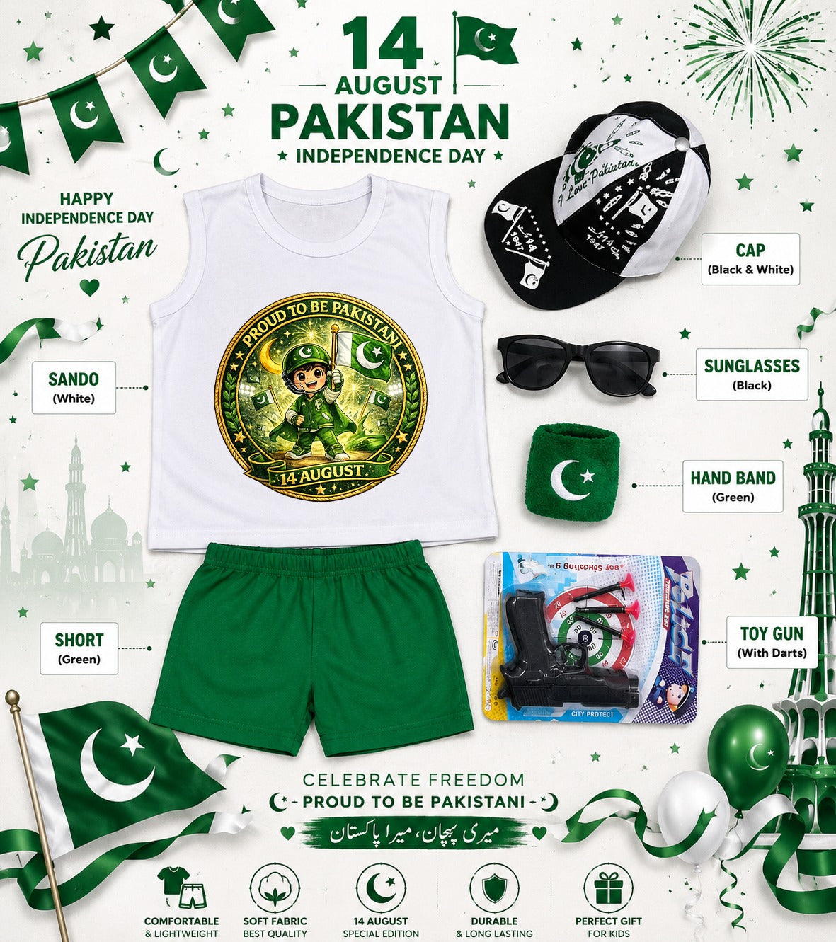 14 August Special Kids Pakistan Independence Day Sando & Shorts Set with Cap, Sunglasses & Target Game | 5-Piece Complete Celebration Pack