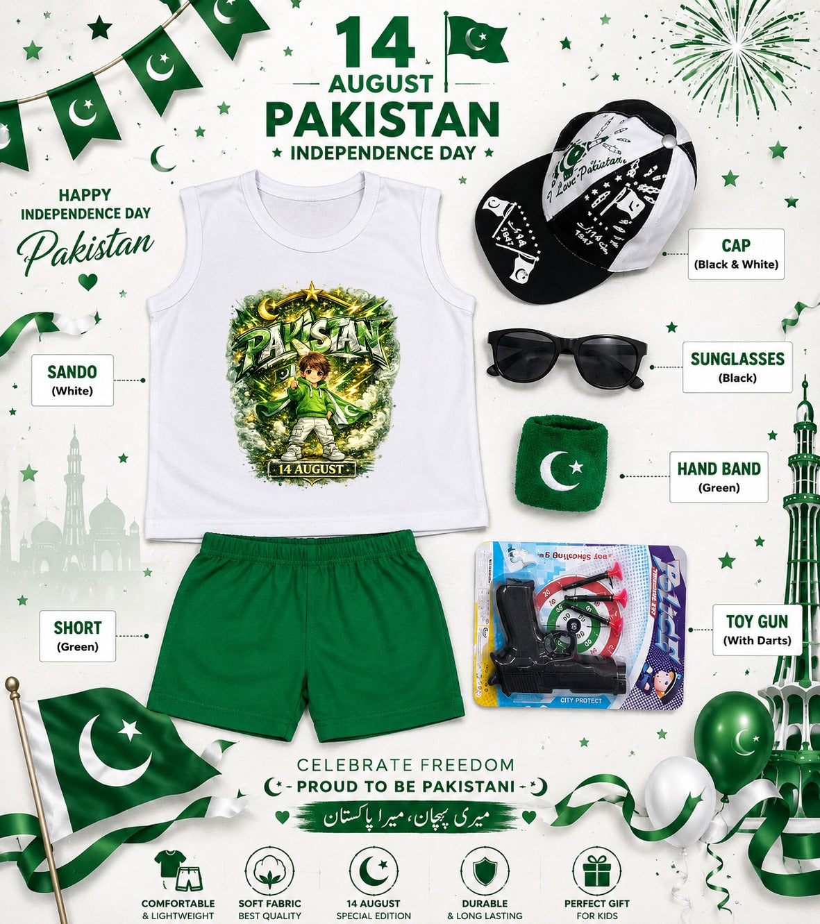 14 August Special Kids Pakistan Independence Day Sando & Shorts Set with Cap, Sunglasses & Target Game | 5-Piece Complete Celebration Pack