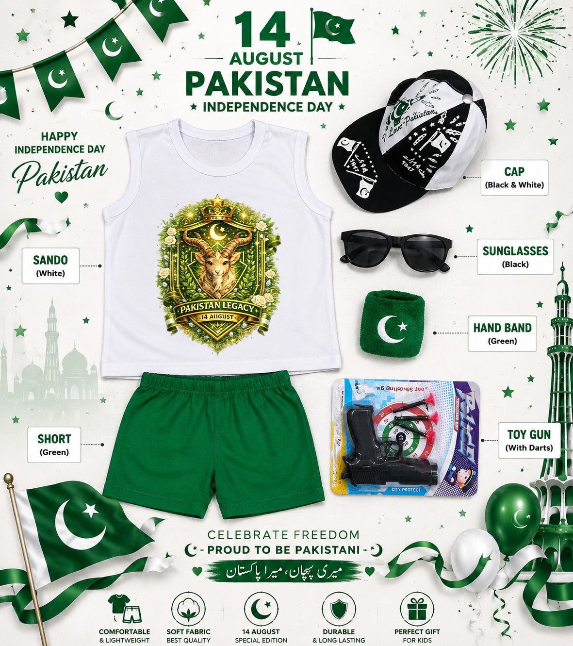 14 August Special Kids Pakistan Independence Day Sando & Shorts Set with Cap, Sunglasses & Target Game | 5-Piece Complete Celebration Pack
