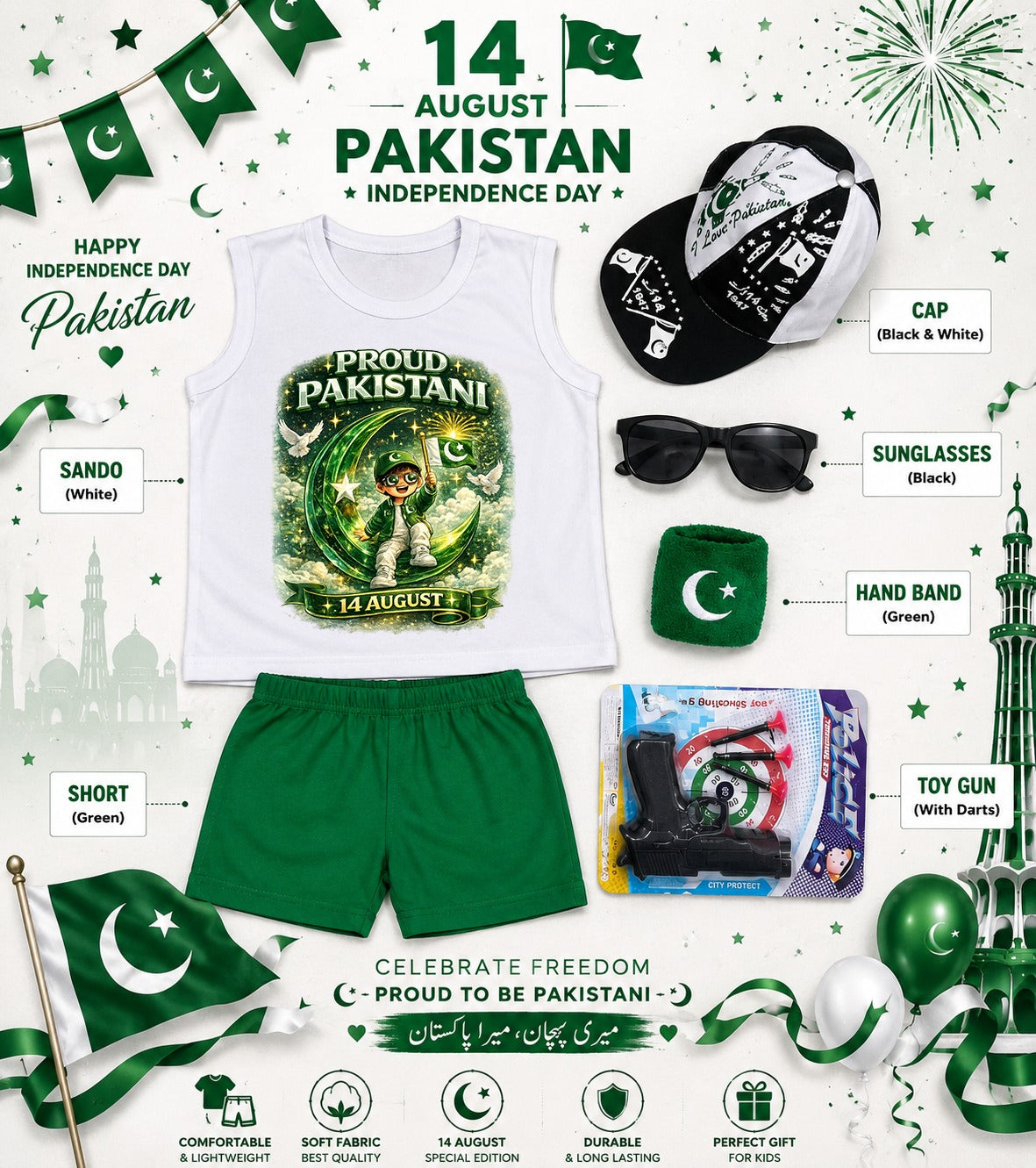 14 August Special Kids Pakistan Independence Day Sando & Shorts Set with Cap, Sunglasses & Target Game | 5-Piece Complete Celebration Pack