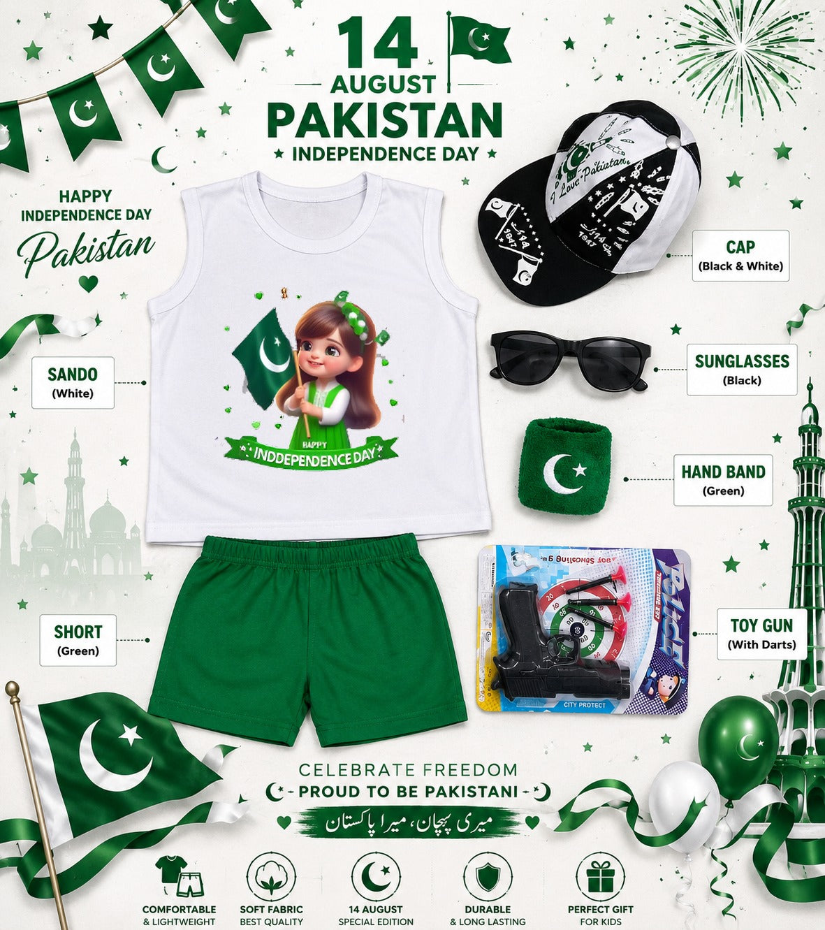 14 August Special Kids Pakistan Independence Day Sando & Shorts Set with Cap, Sunglasses & Target Game | 5-Piece Complete Celebration Pack