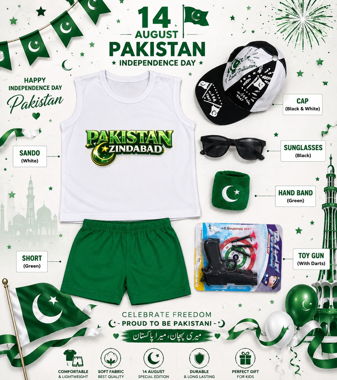 14 August Special Kids Pakistan Independence Day Sando & Shorts Set with Cap, Sunglasses & Target Game | 5-Piece Complete Celebration Pack