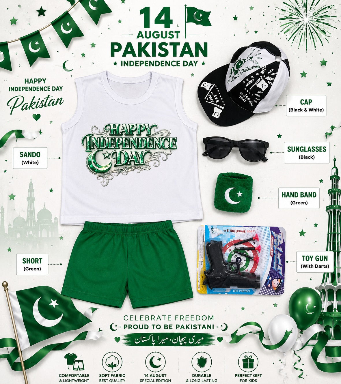 14 August Special Kids Pakistan Independence Day Sando & Shorts Set with Cap, Sunglasses & Target Game | 5-Piece Complete Celebration Pack