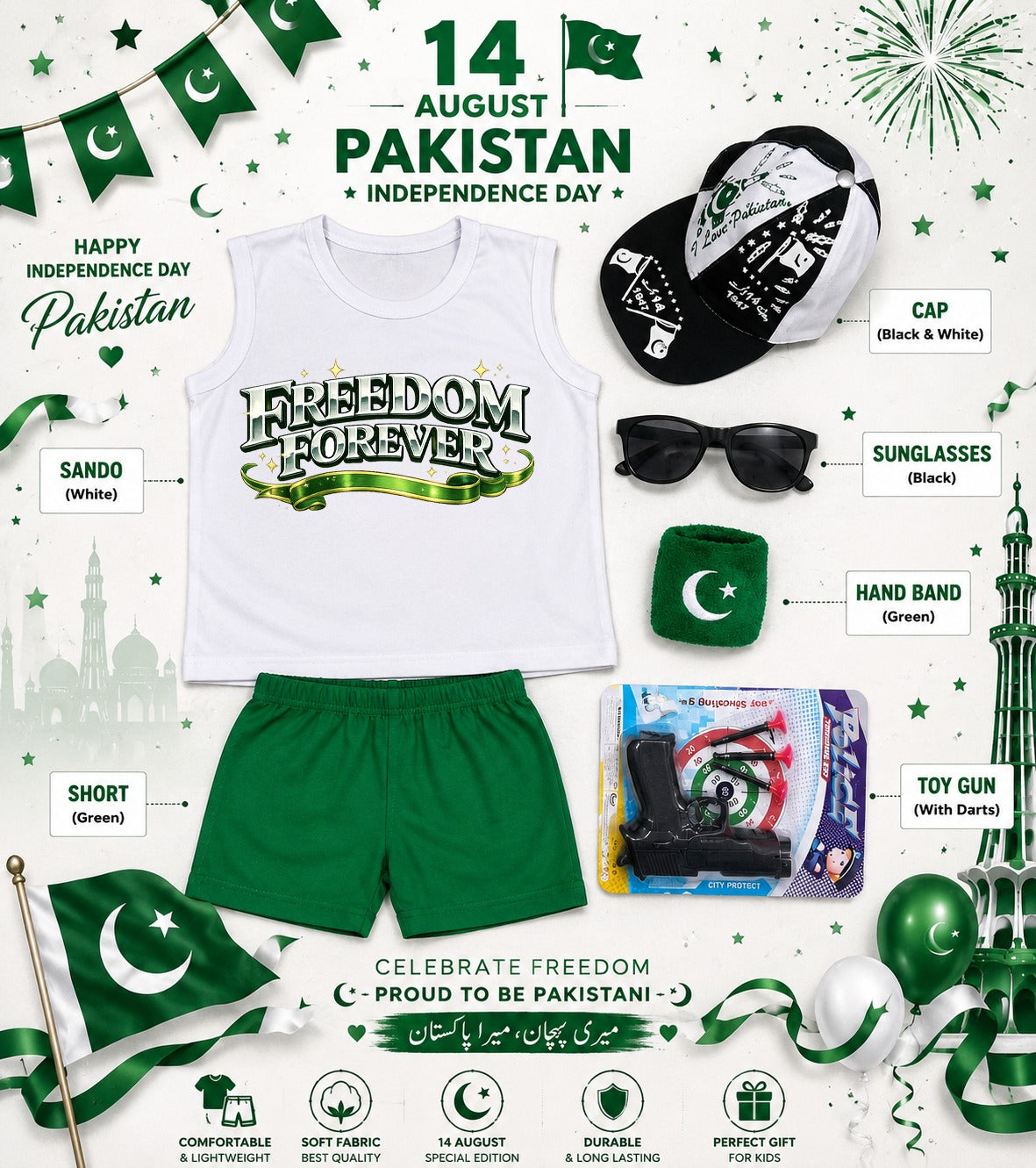 14 August Special Kids Pakistan Independence Day Sando & Shorts Set with Cap, Sunglasses & Target Game | 5-Piece Complete Celebration Pack