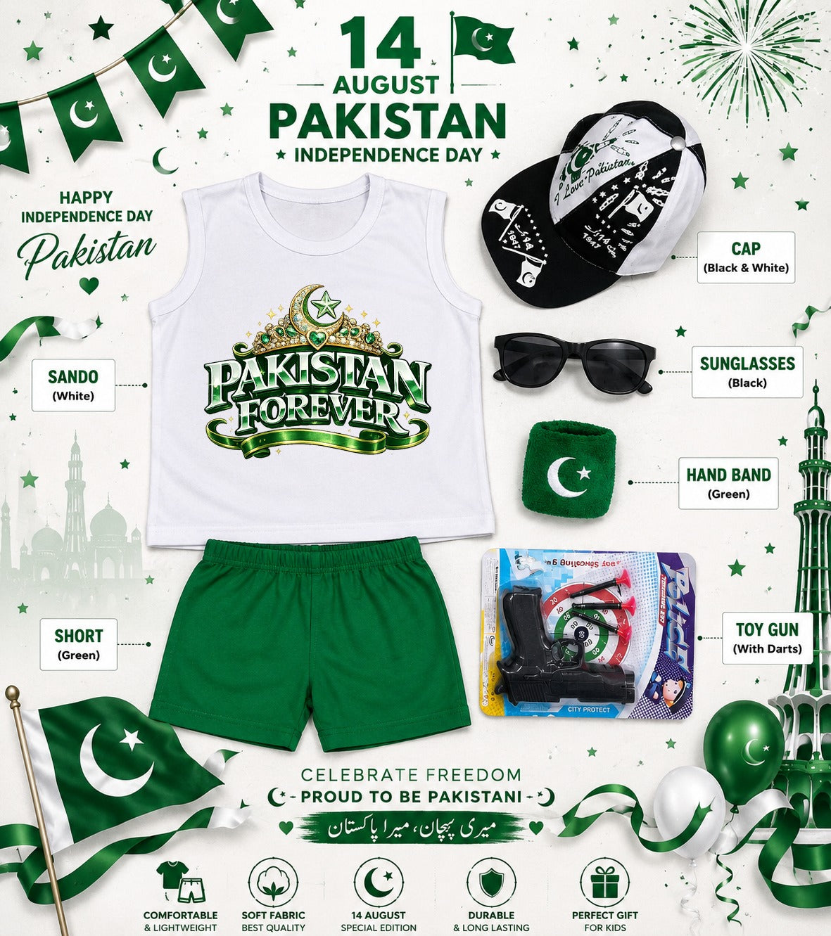 14 August Special Kids Pakistan Independence Day Sando & Shorts Set with Cap, Sunglasses & Target Game | 5-Piece Complete Celebration Pack