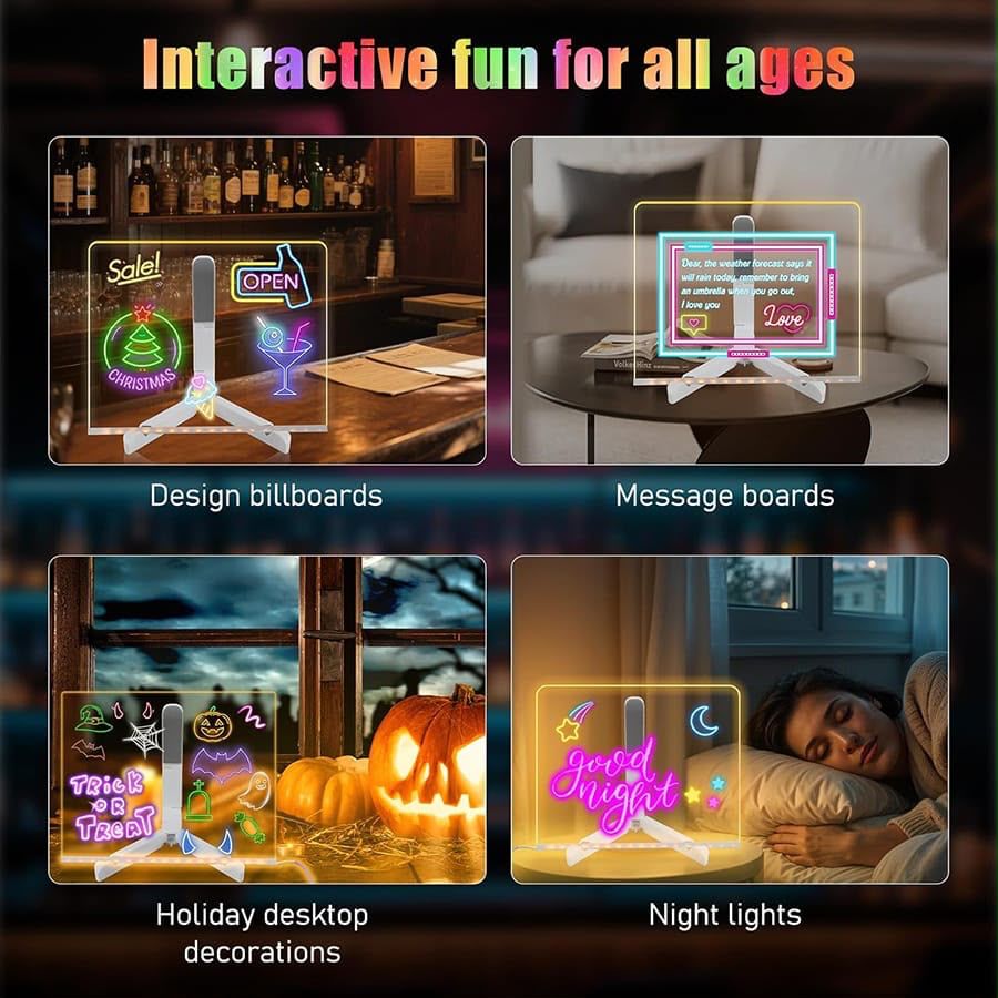 Acrylic LED Writing Message Board | 7 Color Light Up Drawing & Note Board with Stand