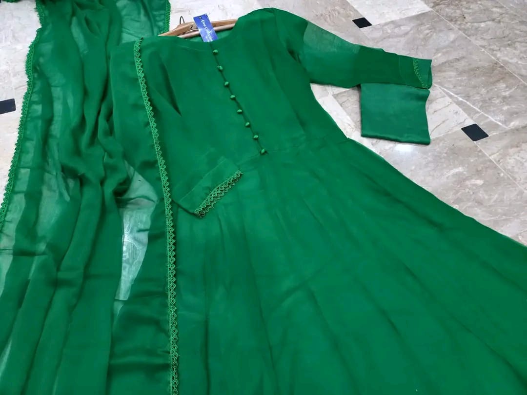 Sabiqoon Collection Independence Day 3 Piece Maxi Suit | Chiffon Maxi, Lace Dupatta & Malai Crepe Trouser