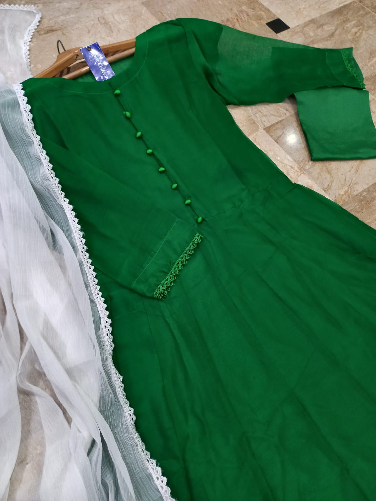 Sabiqoon Collection Independence Day 3 Piece Maxi Suit | Chiffon Maxi, Lace Dupatta & Malai Crepe Trouser