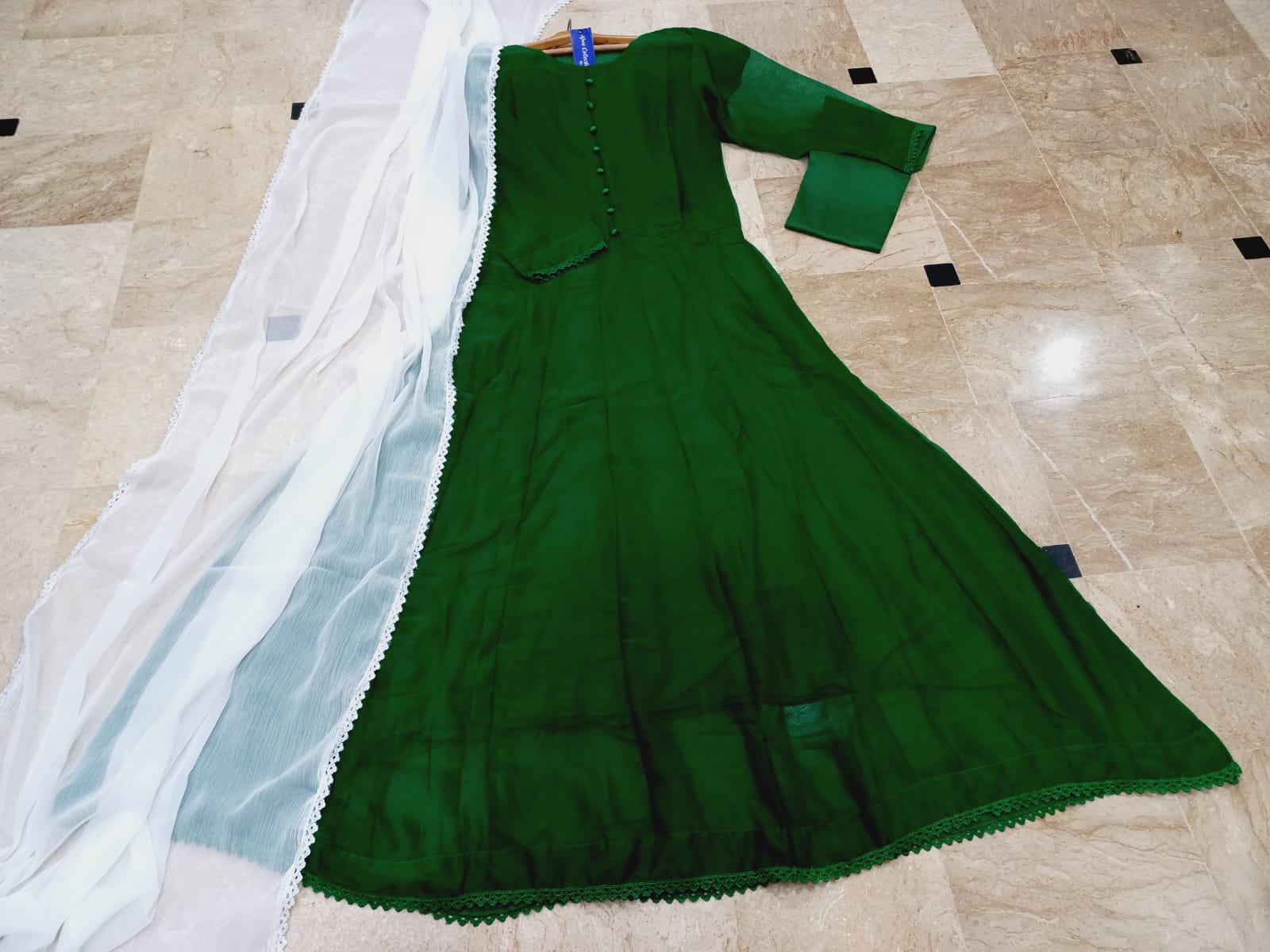 Sabiqoon Collection Independence Day 3 Piece Maxi Suit | Chiffon Maxi, Lace Dupatta & Malai Crepe Trouser