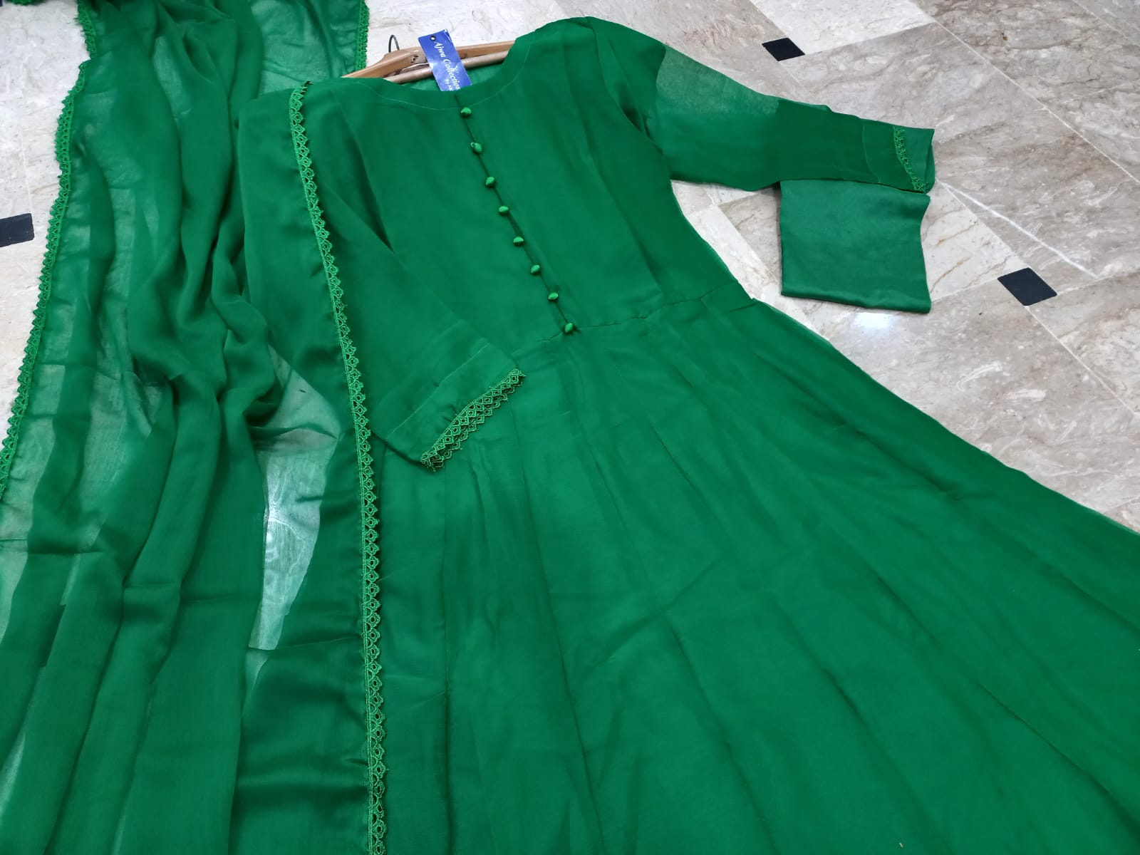 Sabiqoon Collection Independence Day 3 Piece Maxi Suit | Chiffon Maxi, Lace Dupatta & Malai Crepe Trouser