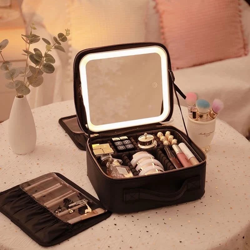Portable Makeup Bag with 3-Mode LED Rechargeable Mirror | Cosmetic Travel Organizer Bag with Box Packing