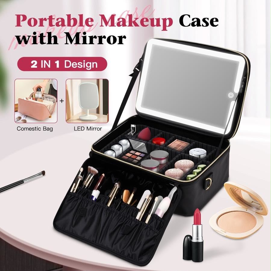 Portable Makeup Bag with 3-Mode LED Rechargeable Mirror | Cosmetic Travel Organizer Bag with Box Packing