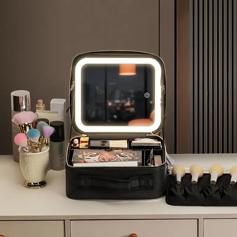 Portable Makeup Bag with 3-Mode LED Rechargeable Mirror | Cosmetic Travel Organizer Bag with Box Packing